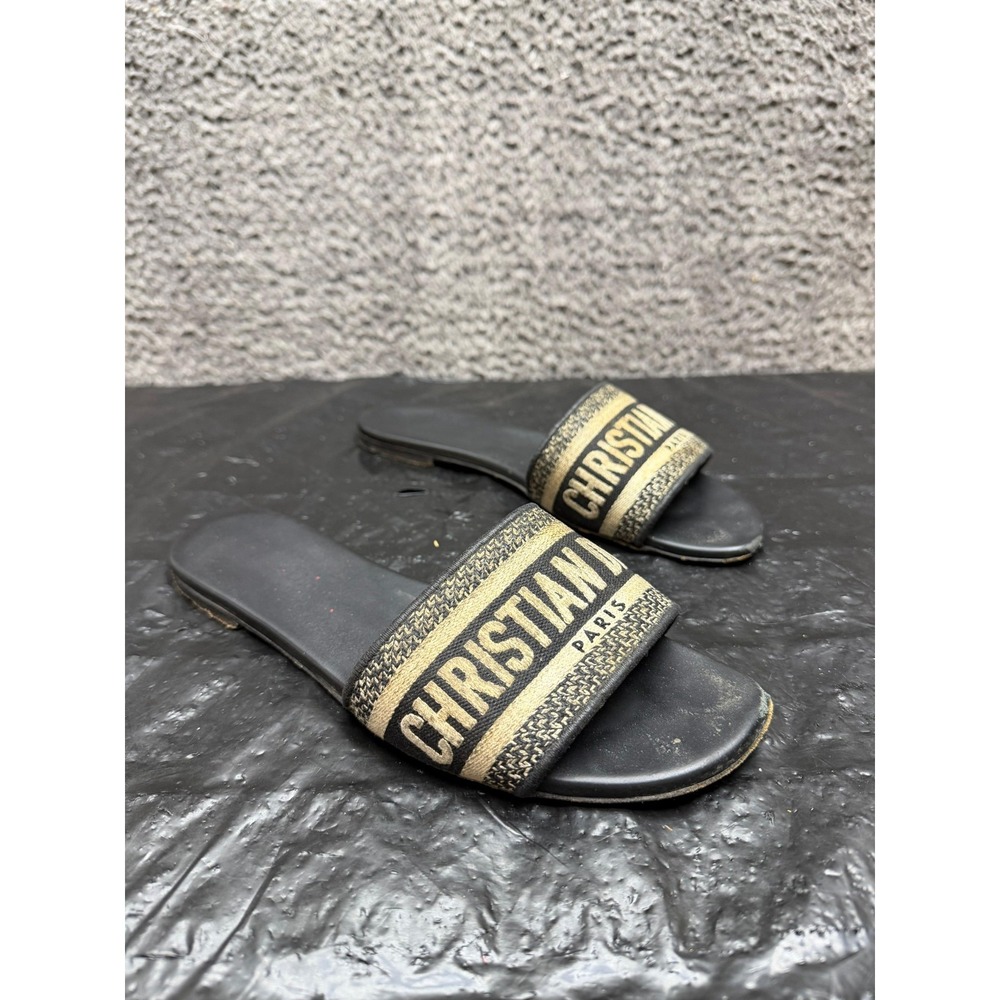 Christian Dior Paris Dway Embroidered Cotton Slide Sandals Black Size 38 EU